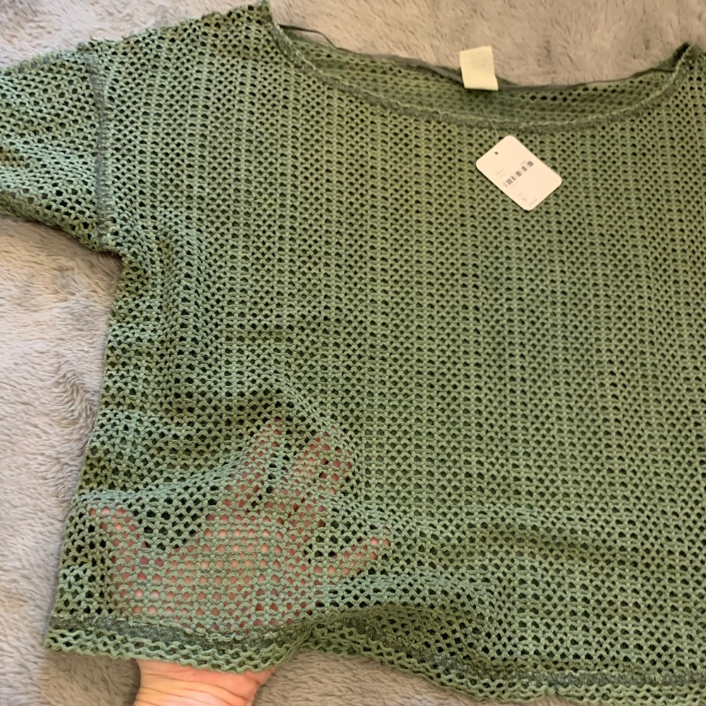 Free People Mesh-Like Green Crop Shirt